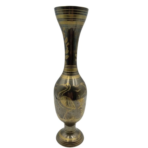 Solid Brass Tall Vase With Intricate Floral & Bird Design Made In India - Picture 3 of 10